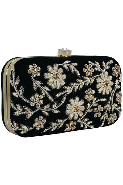 Designer Embroidered & Beads Velvet Clutch in Bottle Green & Gold