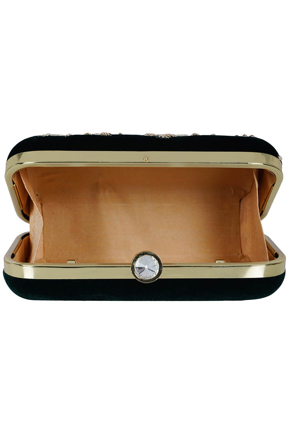 Designer Embroidered & Beads Velvet Clutch in Bottle Green & Gold