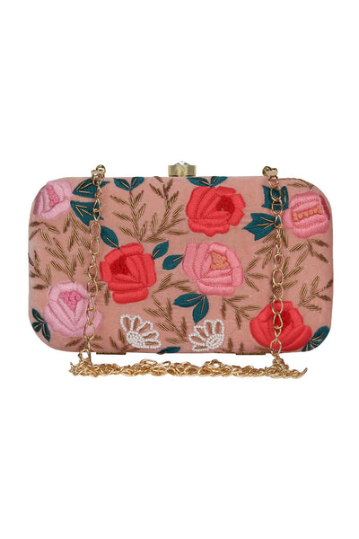 Designer Velvet Clutch in Pink with Floral Embroidery