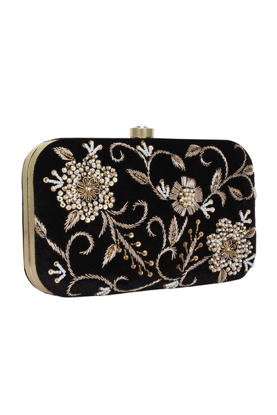 Designer Black Velvet With Gold Beadwork Embroidery Clutch