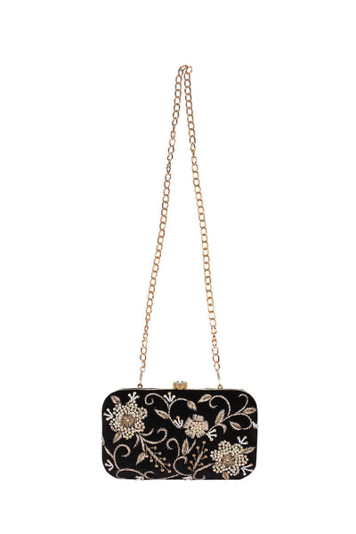 Designer Black Velvet With Gold Beadwork Embroidery Clutch