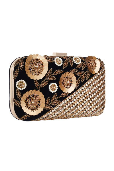 Designer Black Velvet Clutch with Sequins and Gold Embroidered Beadwork
