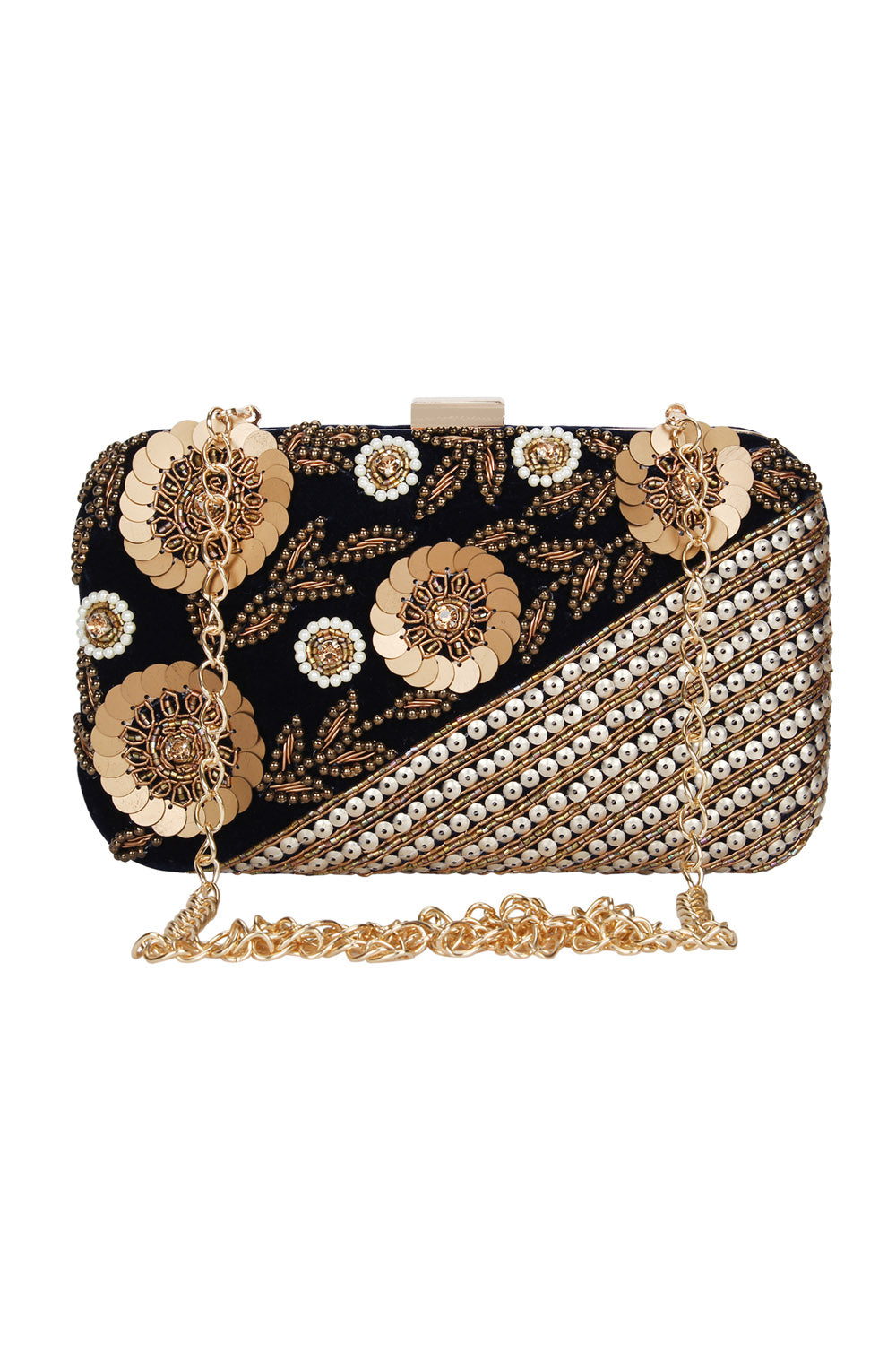 Designer Black Velvet Clutch with Sequins and Gold Embroidered Beadwork