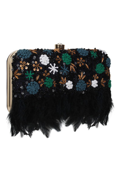 Designer Black Beadwork with Feather Trim Evening Bag