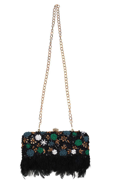 Designer Black Beadwork with Feather Trim Evening Bag