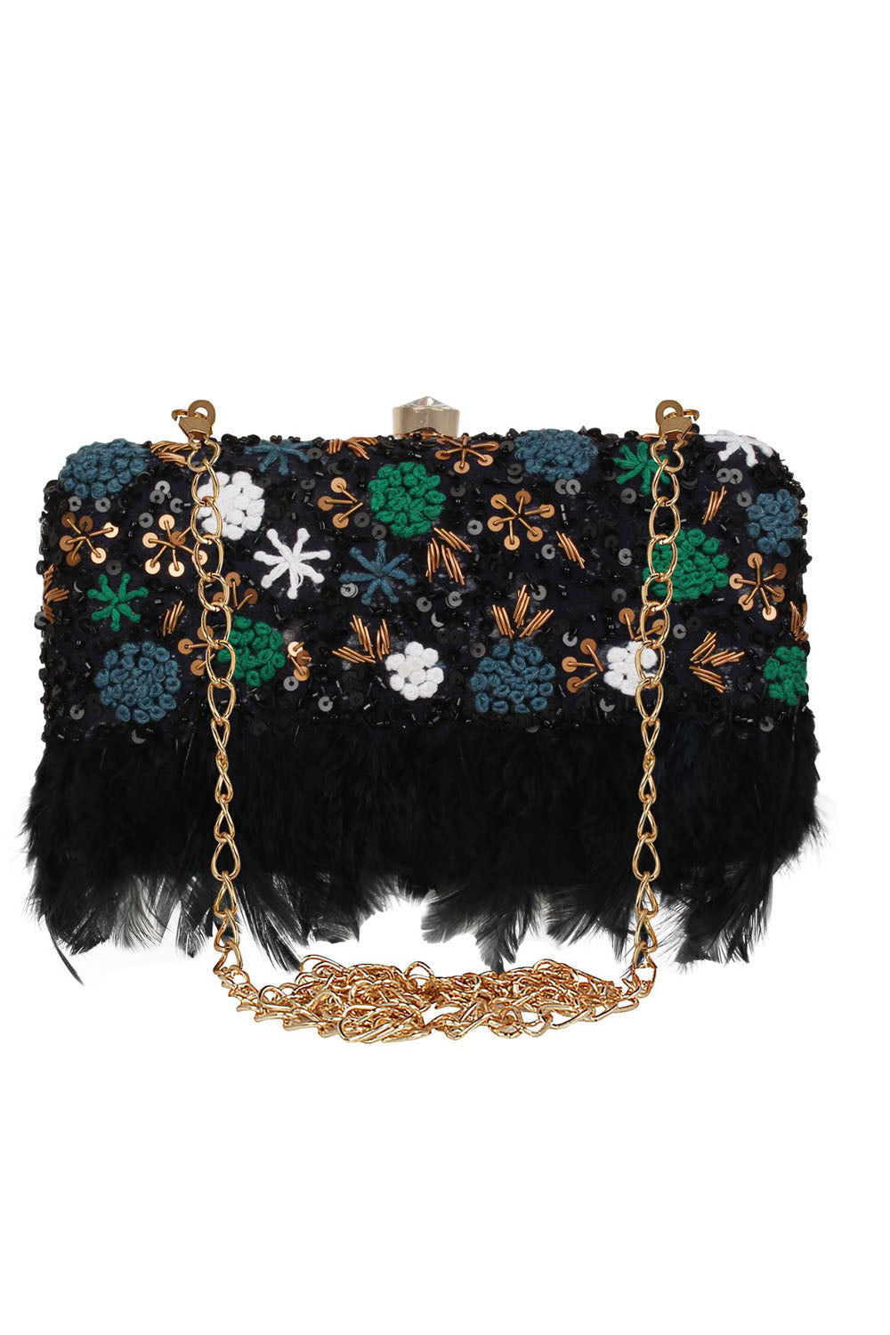 Designer Black Beadwork with Feather Trim Evening Bag