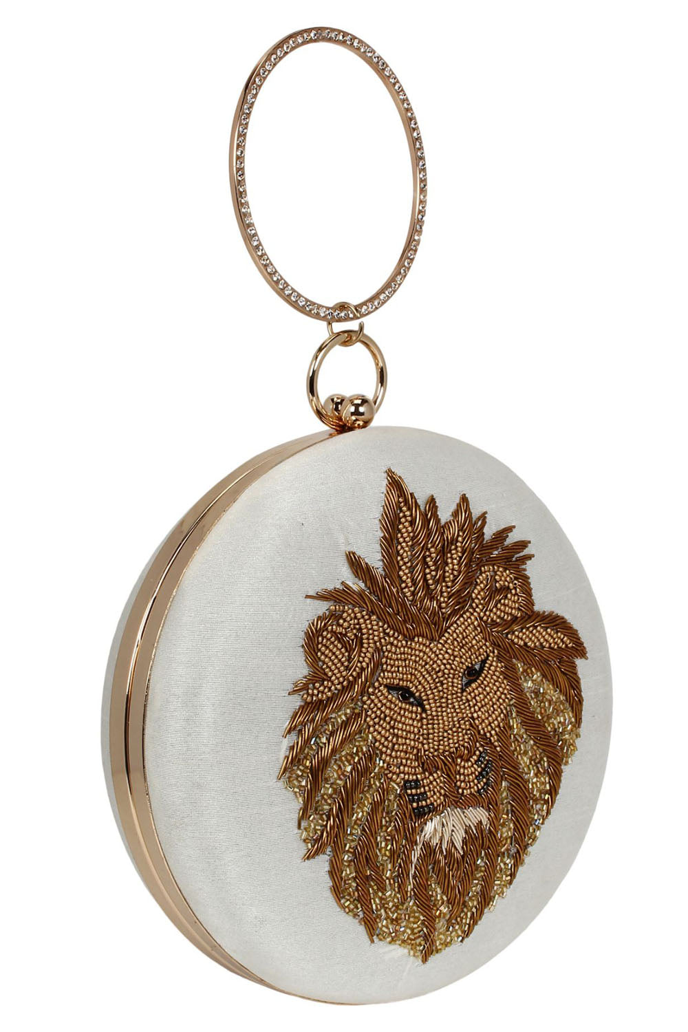 Designer Round White Evening Bag with Lionhead Design Beadwork