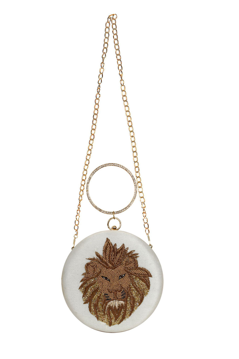 Designer Round White Evening Bag with Lionhead Design Beadwork