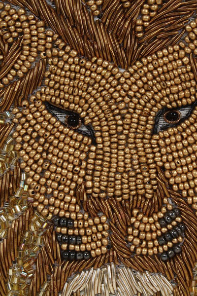 Designer Round White Evening Bag with Lionhead Design Beadwork