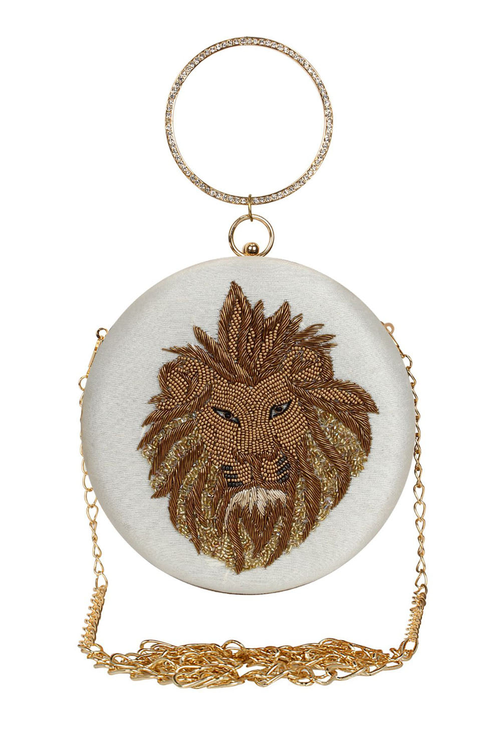 Designer Round White Evening Bag with Lionhead Design Beadwork