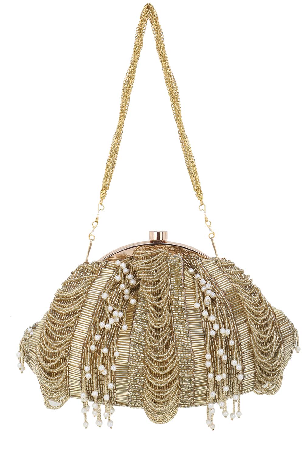 Designer Gold Beadwork & Tassels Silk Pochette Purse