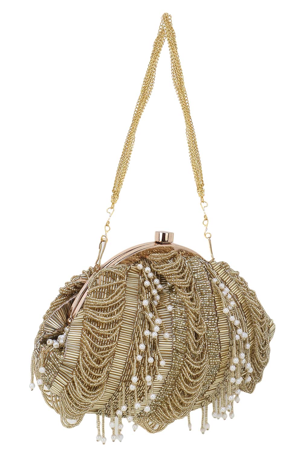 Designer Gold Beadwork & Tassels Silk Pochette Purse