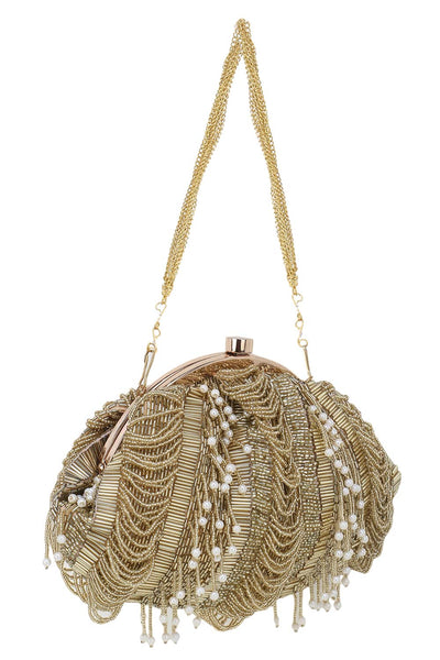 Designer Gold Beadwork & Tassels Silk Pochette Purse