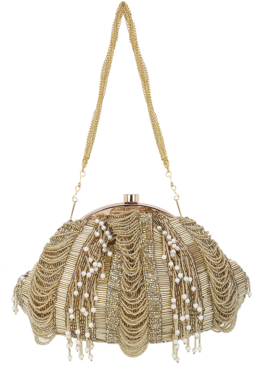 Designer Gold Beadwork & Tassels Silk Pochette Purse