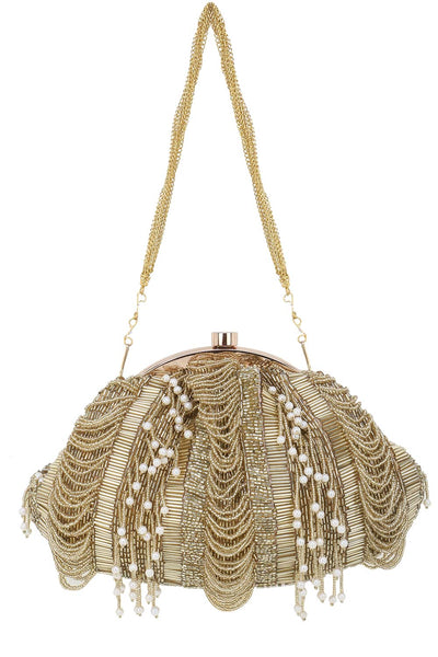 Designer Gold Beadwork & Tassels Silk Pochette Purse