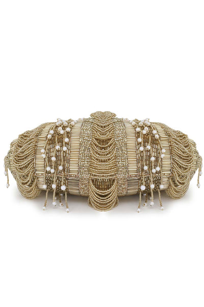 Designer Gold Beadwork & Tassels Silk Pochette Purse