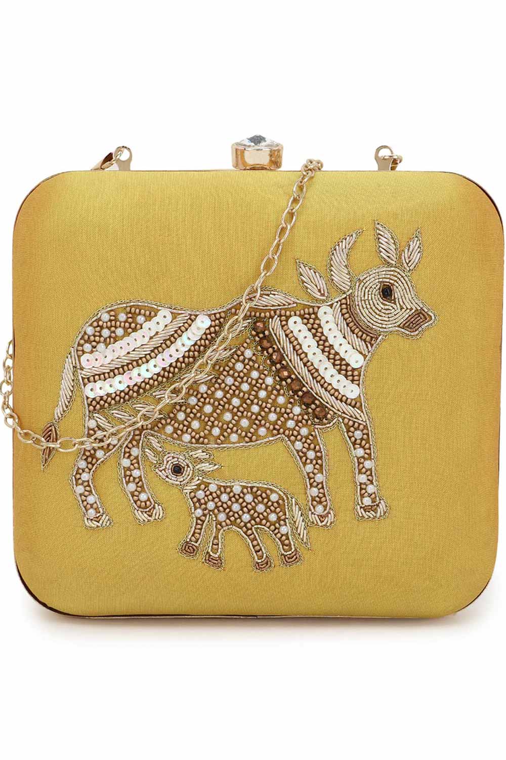 Designer Yellow Silk with Gold Quirky Beadwork Square Clutch