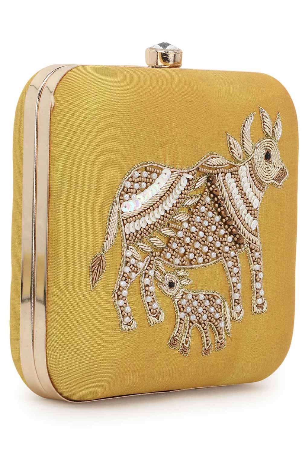 Designer Yellow Silk with Gold Quirky Beadwork Square Clutch