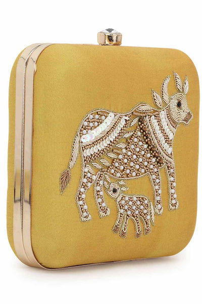 Designer Yellow Silk with Gold Quirky Beadwork Square Clutch