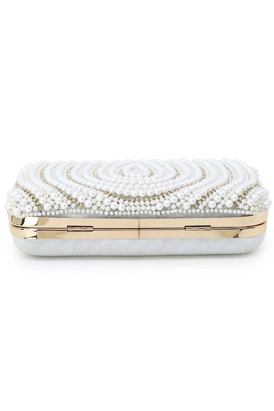 Designer White & Gold Silk Embellished Pearl Work Box Clutch