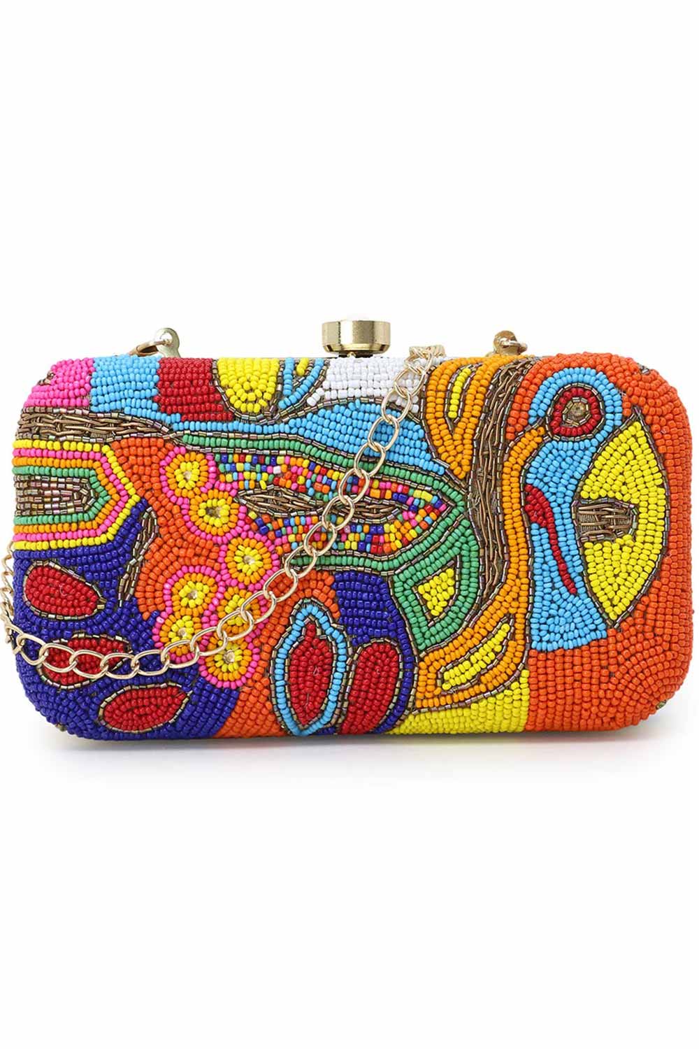 Designer Abstract Beaded Multi-color Clutch