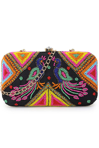 Designer Black & Multi-colored Peacock Beadwork Clutch