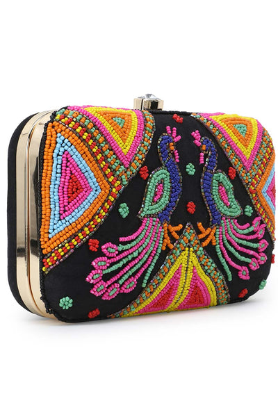 Designer Black & Multi-colored Peacock Beadwork Clutch