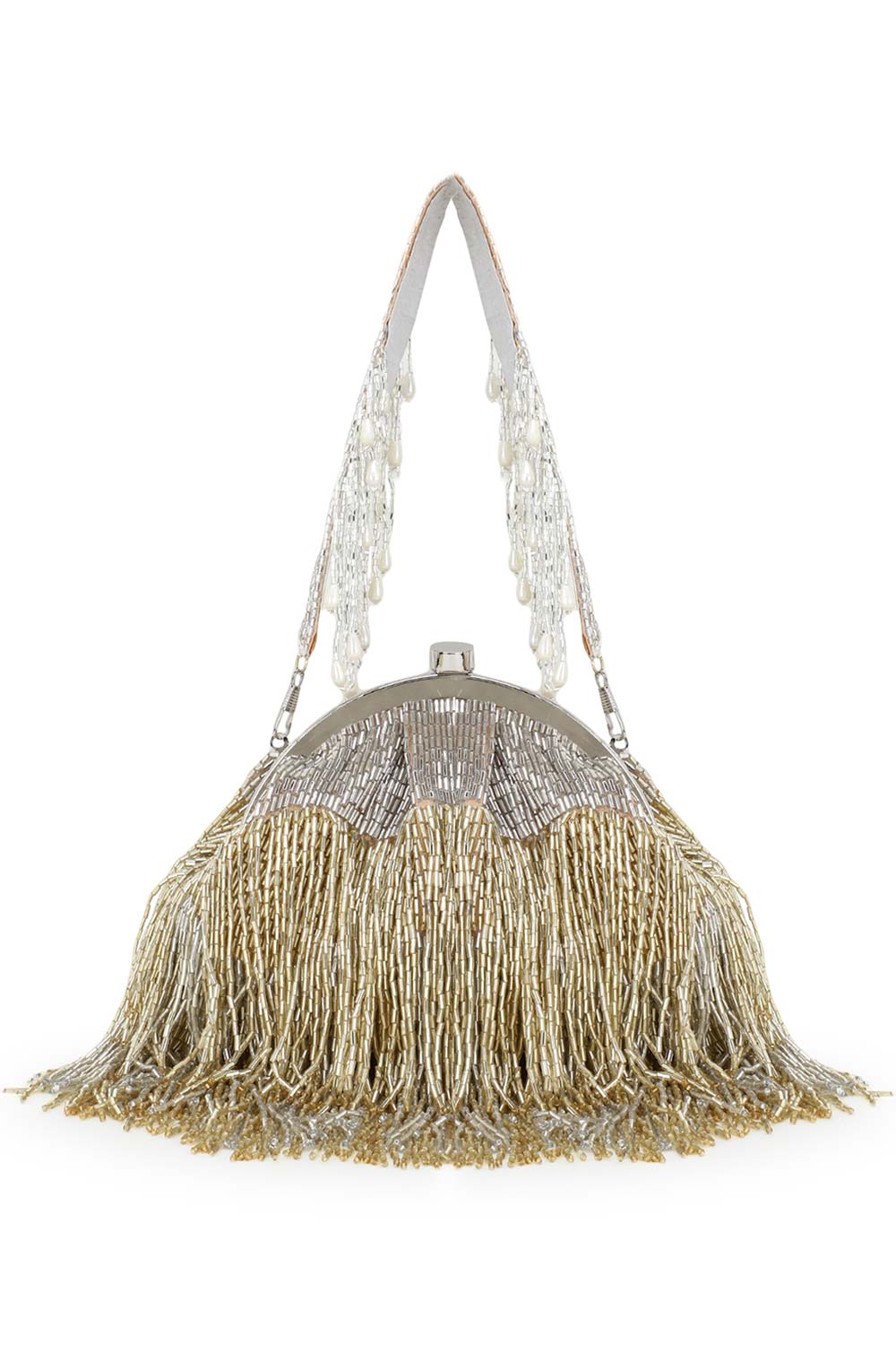 Designer Dangling Gold & Silver Beadwork Evening Purse