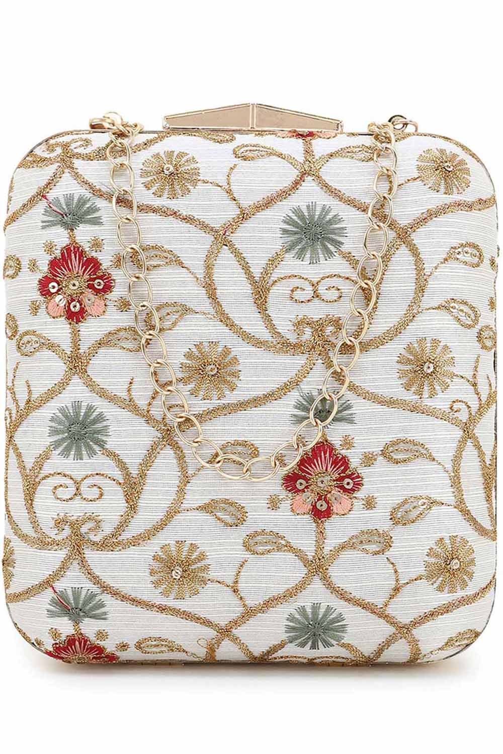 Designer Natural & Multicolor Floral Embroidery Square Clutch