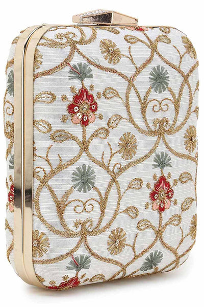 Designer Natural & Multicolor Floral Embroidery Square Clutch