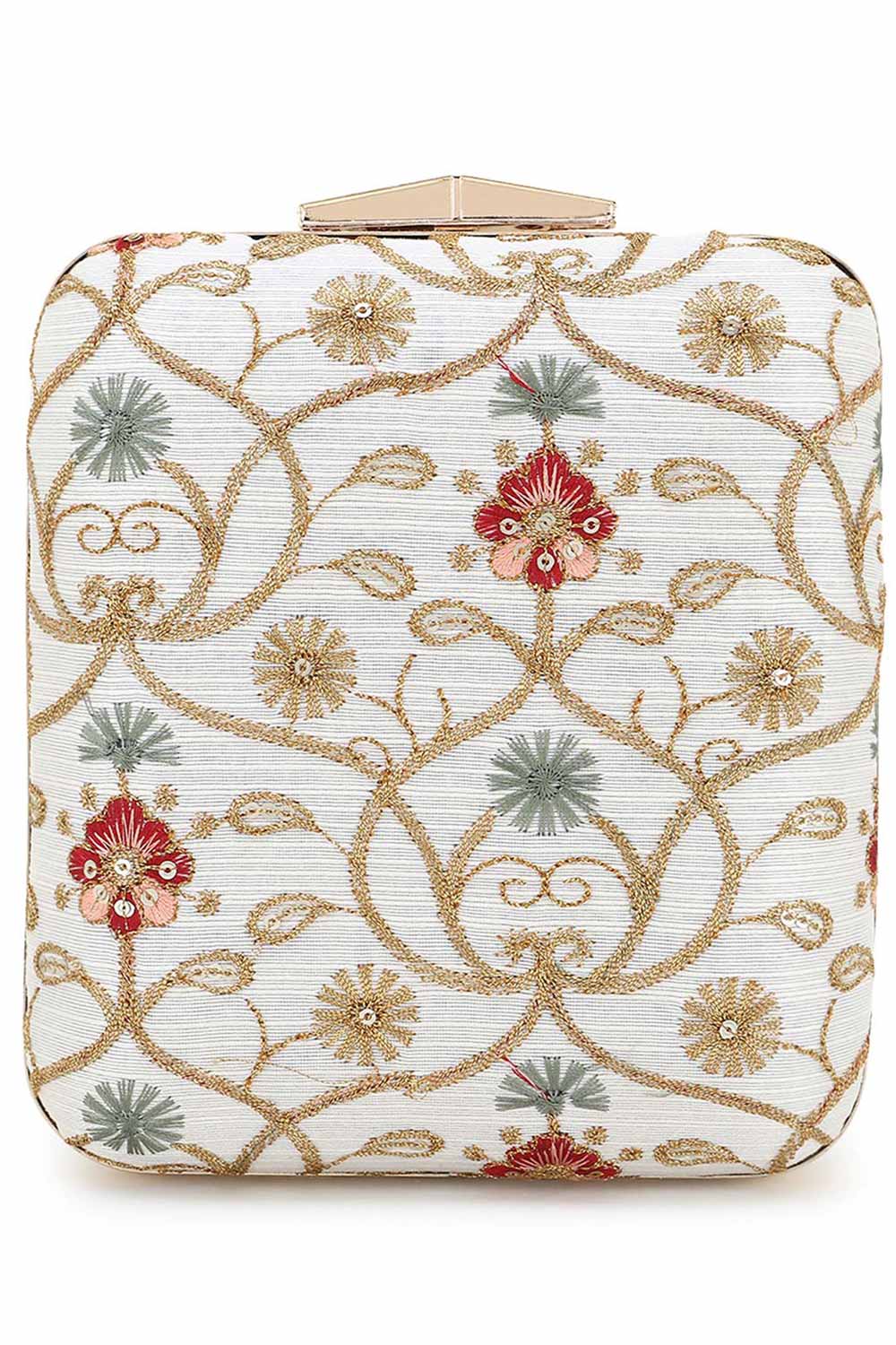 Designer Natural & Multicolor Floral Embroidery Square Clutch