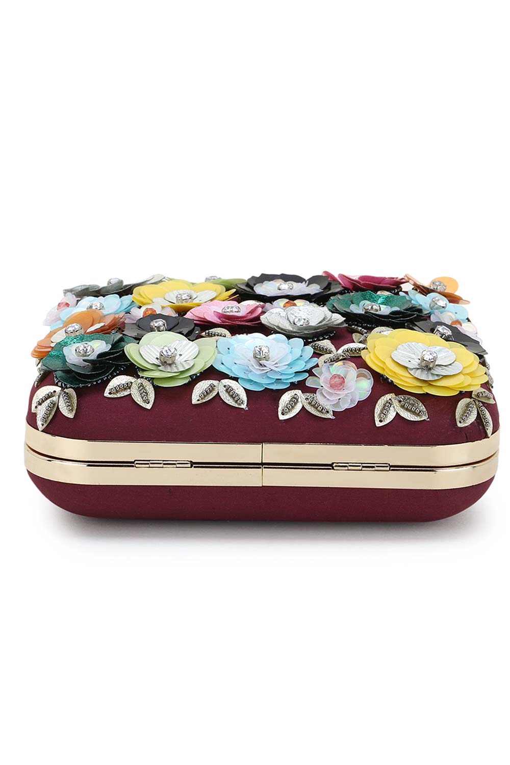 Designer Wine & Multi-colored Pop-out Floral Beadwork Square Clutch