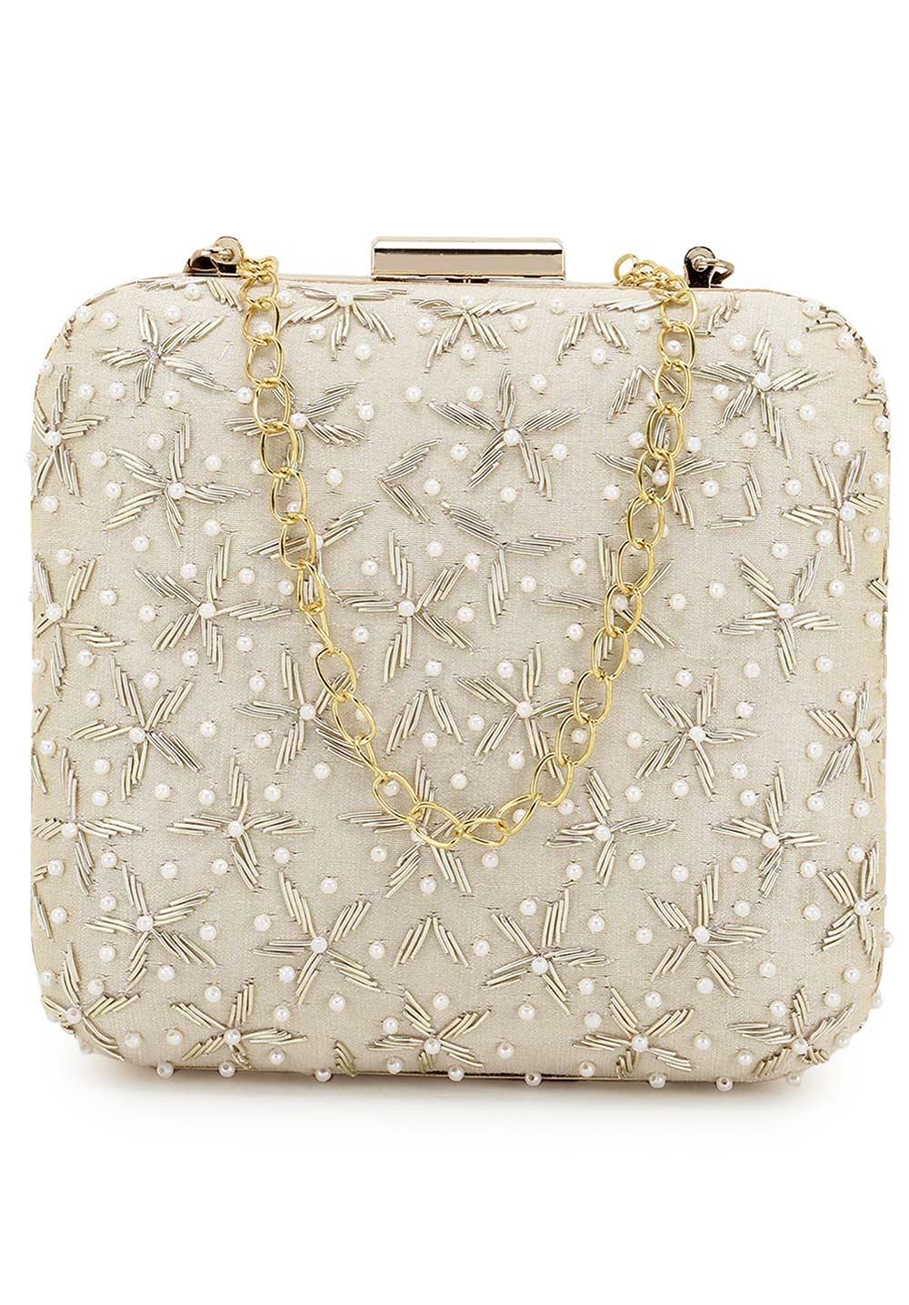 Designer Beige and Gold Square Clutch with Floral and Pearl Embroidery