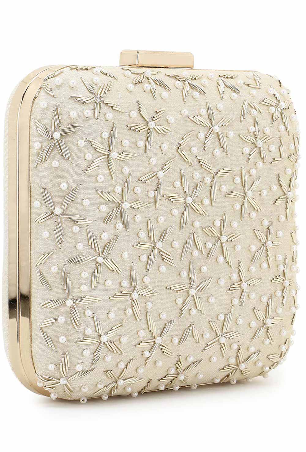 Designer Beige and Gold Square Clutch with Floral and Pearl Embroidery