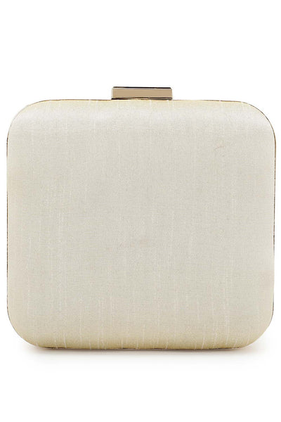 Designer Beige and Gold Square Clutch with Floral and Pearl Embroidery