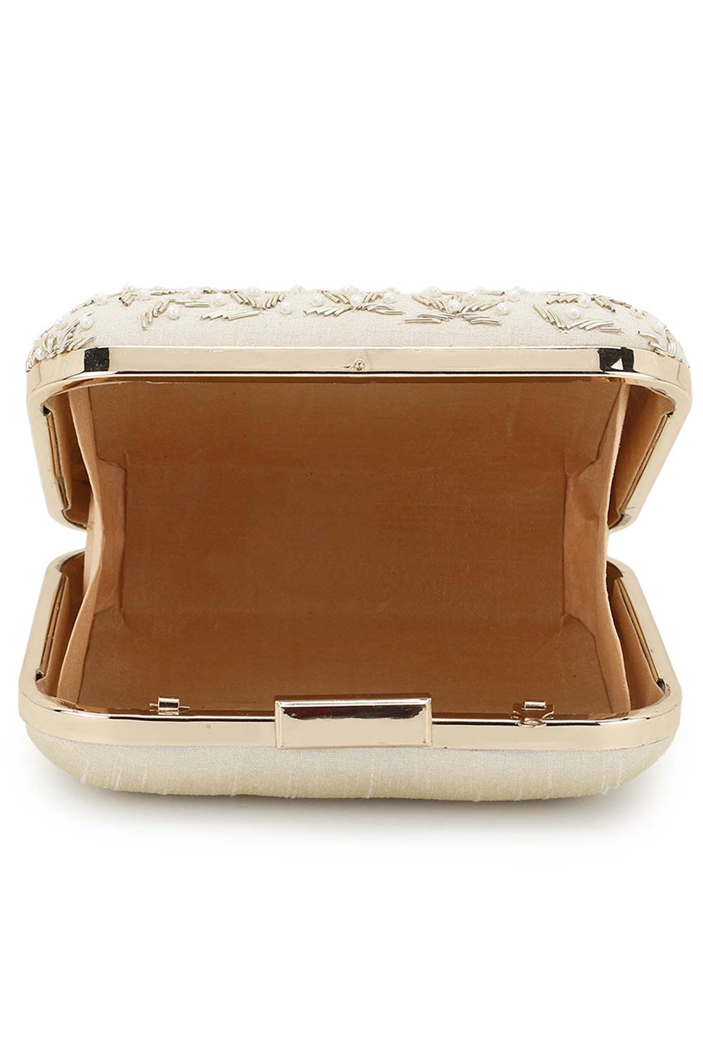 Designer Beige and Gold Square Clutch with Floral and Pearl Embroidery