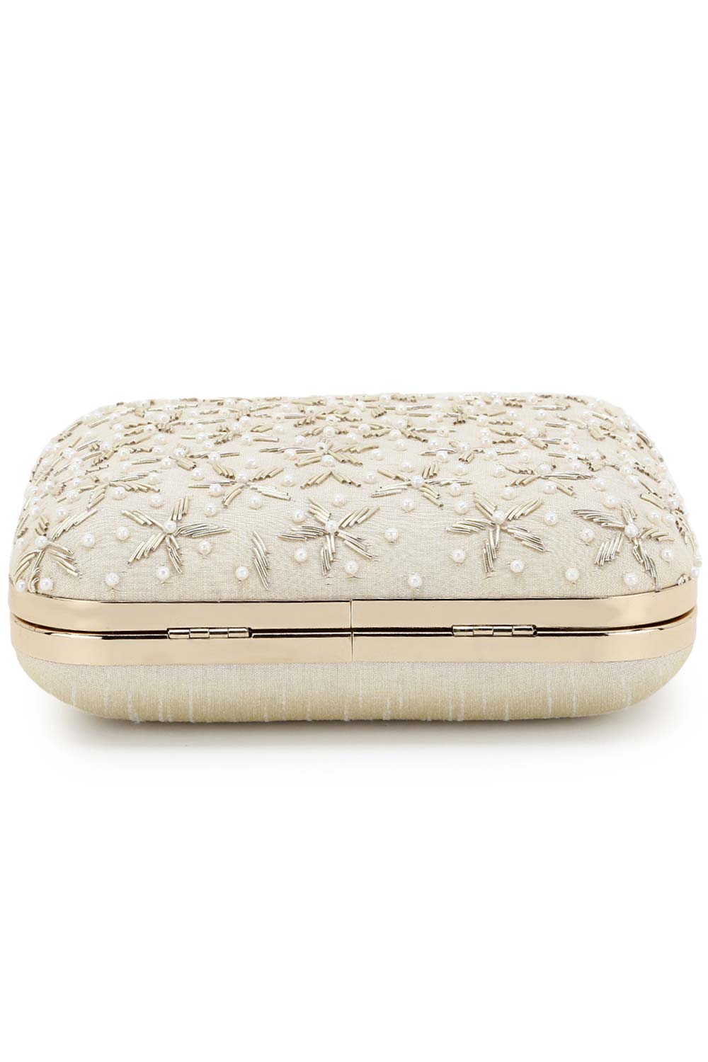 Designer Beige and Gold Square Clutch with Floral and Pearl Embroidery
