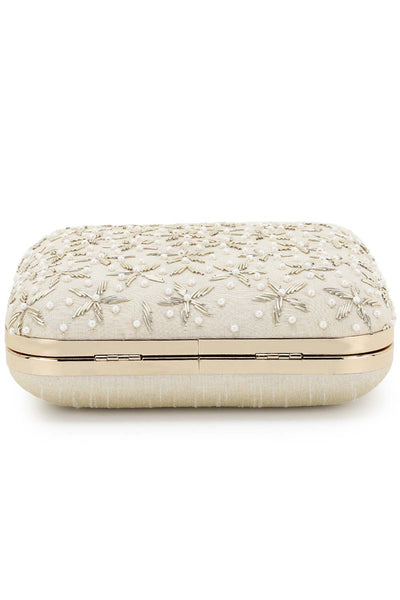 Designer Beige and Gold Square Clutch with Floral and Pearl Embroidery