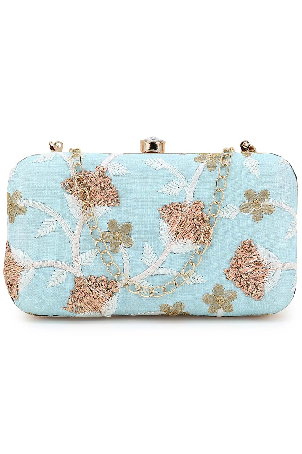 Designer Tulle Sky Blue & Gold  Silk Floral Embroidered Clutch