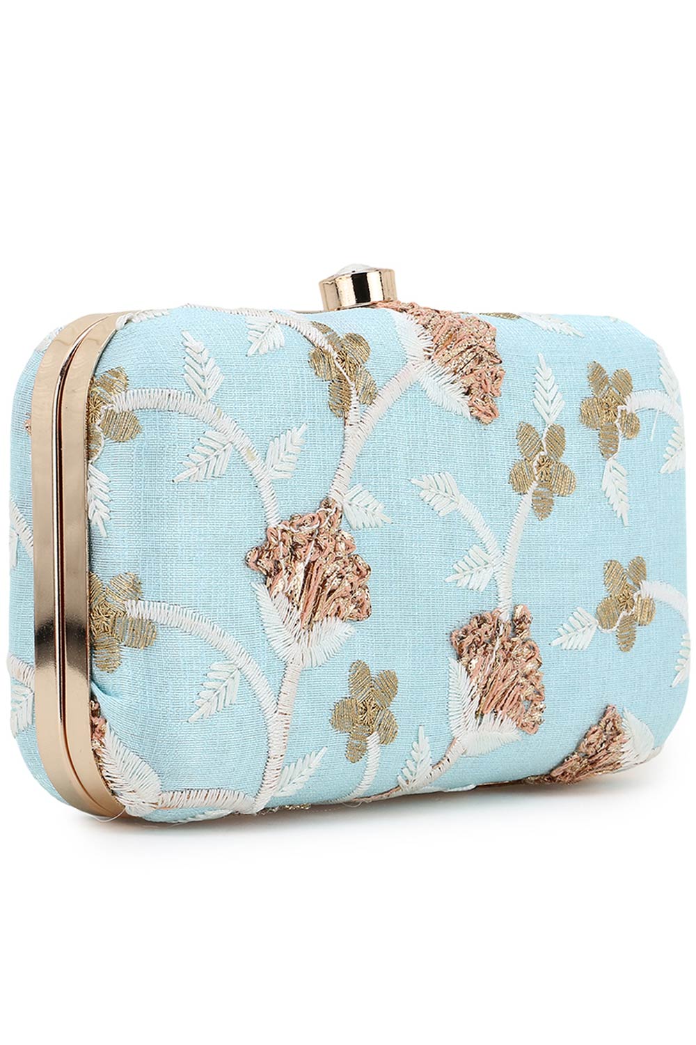 Designer Tulle Sky Blue & Gold  Silk Floral Embroidered Clutch