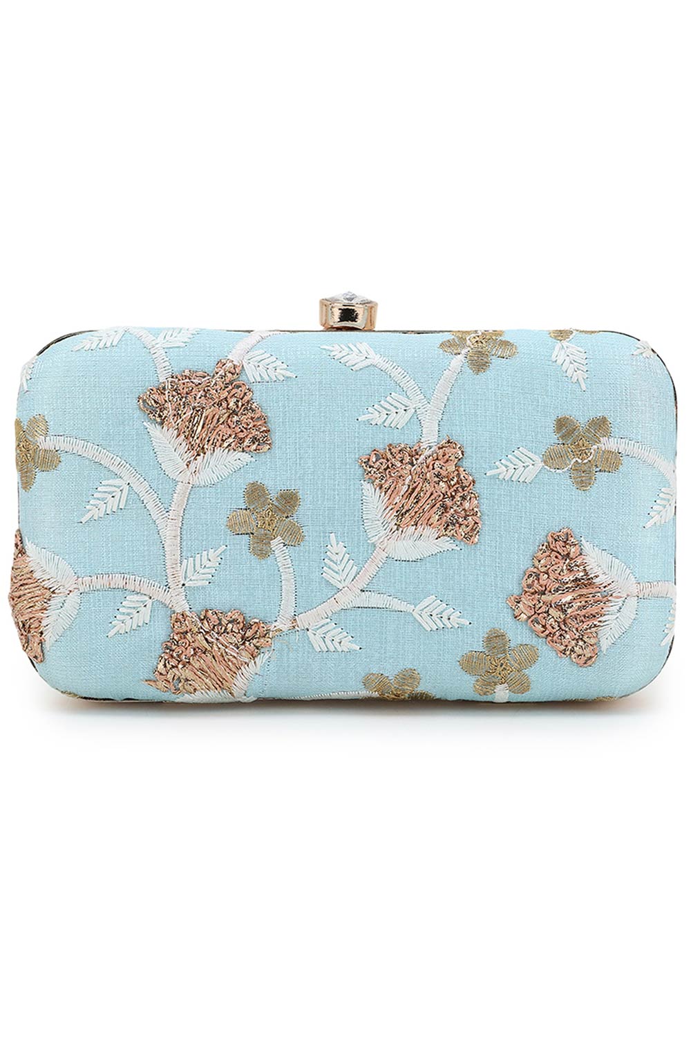 Designer Tulle Sky Blue & Gold  Silk Floral Embroidered Clutch
