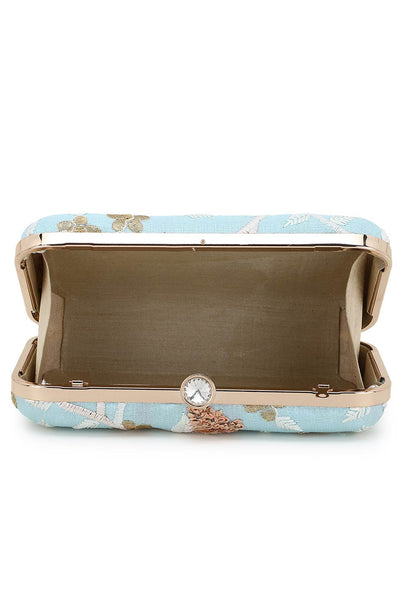 Designer Tulle Sky Blue & Gold  Silk Floral Embroidered Clutch