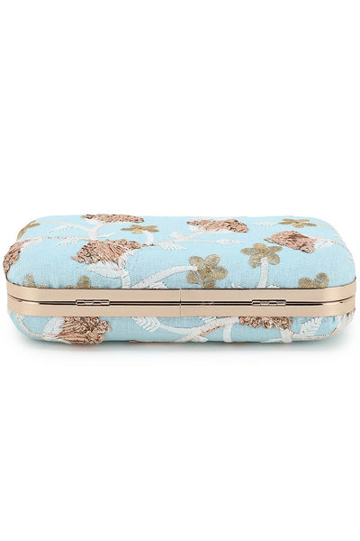 Designer Tulle Sky Blue & Gold  Silk Floral Embroidered Clutch