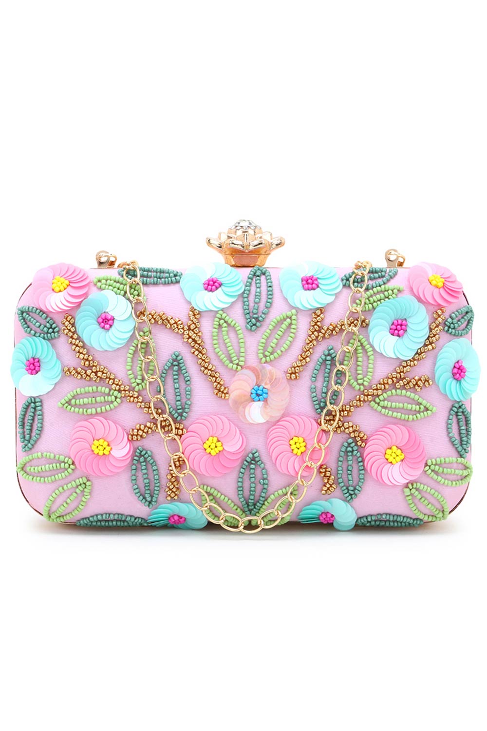 Designer Pink & Multi  Silk Floral Sequinned Clutch