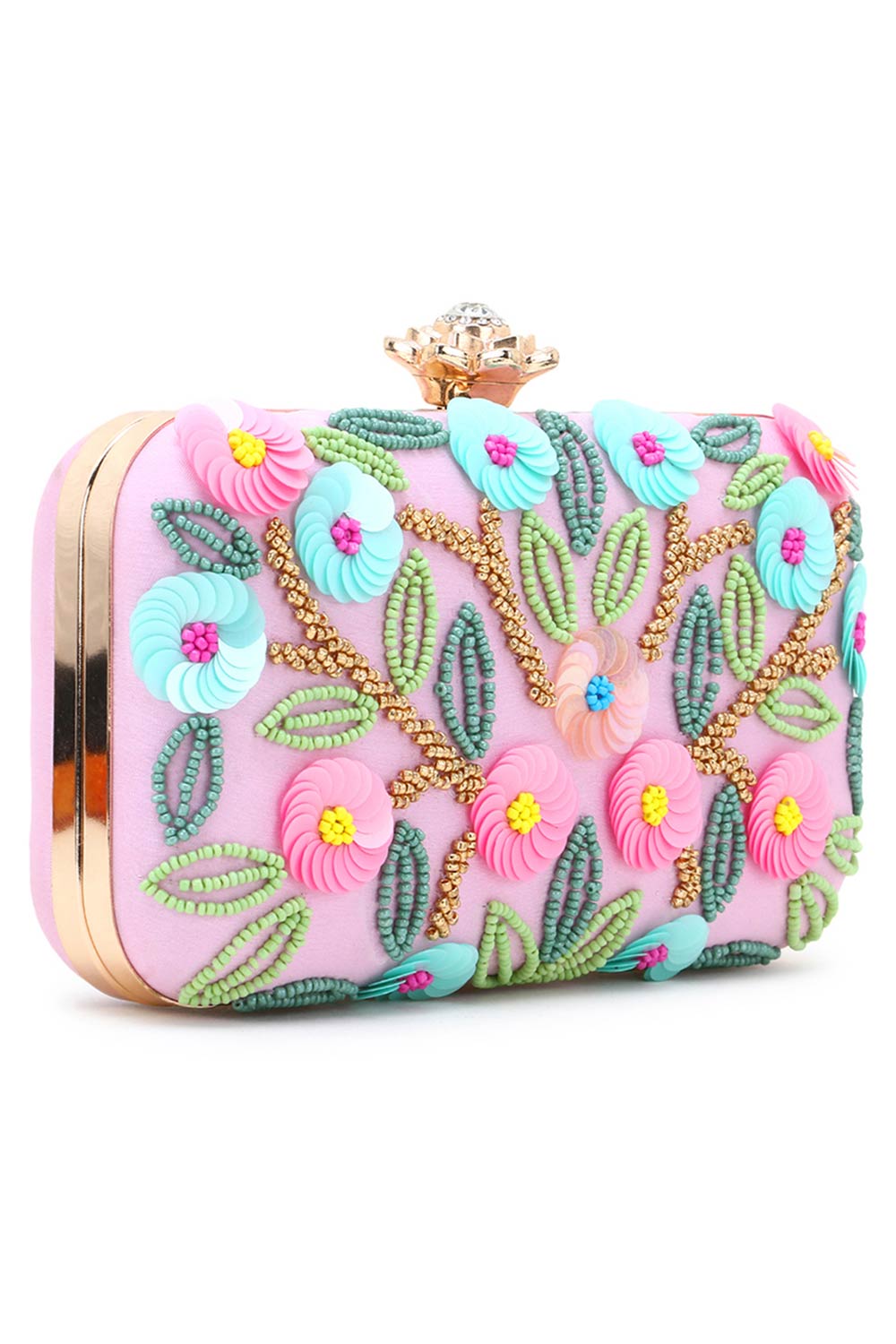 Designer Pink & Multi  Silk Floral Sequinned Clutch