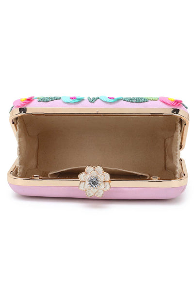 Designer Pink & Multi  Silk Floral Sequinned Clutch