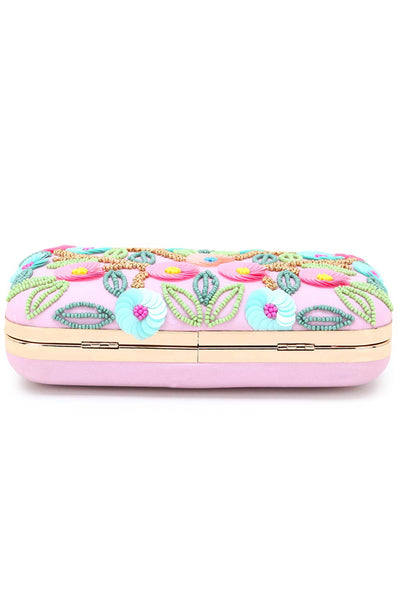 Designer Pink & Multi  Silk Floral Sequinned Clutch