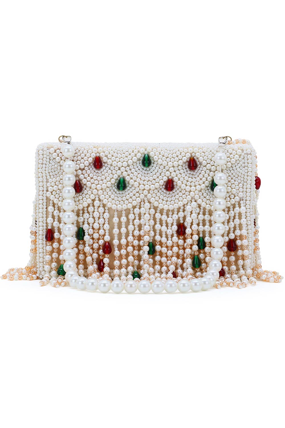 Designer Dangling Pearls & Beads White & Green & Maroon Clutch