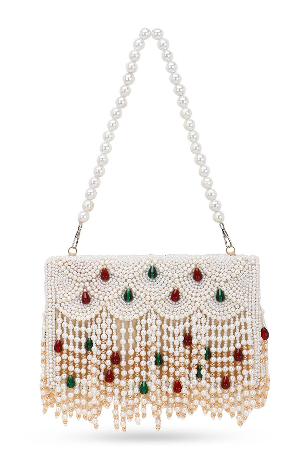Designer Dangling Pearls & Beads White & Green & Maroon Clutch