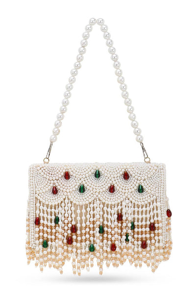 Designer Dangling Pearls & Beads White & Green & Maroon Clutch